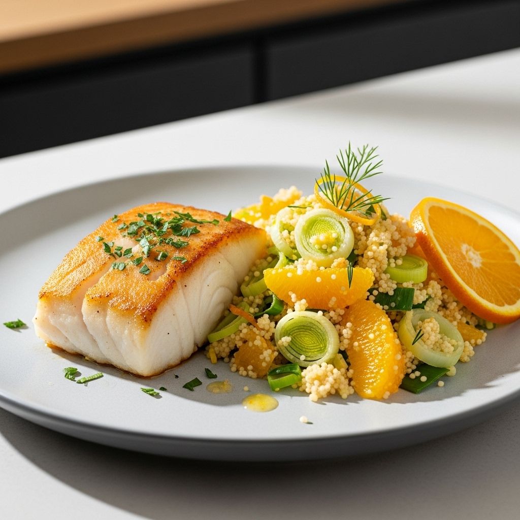 Cod with Orange Leek Couscous: A Vibrant 30-Minute Meal Discover a flavorful, nutrient-rich cod recipe with orange, leeks, baby kale, and fluffy couscous—ready in just 30 minutes.