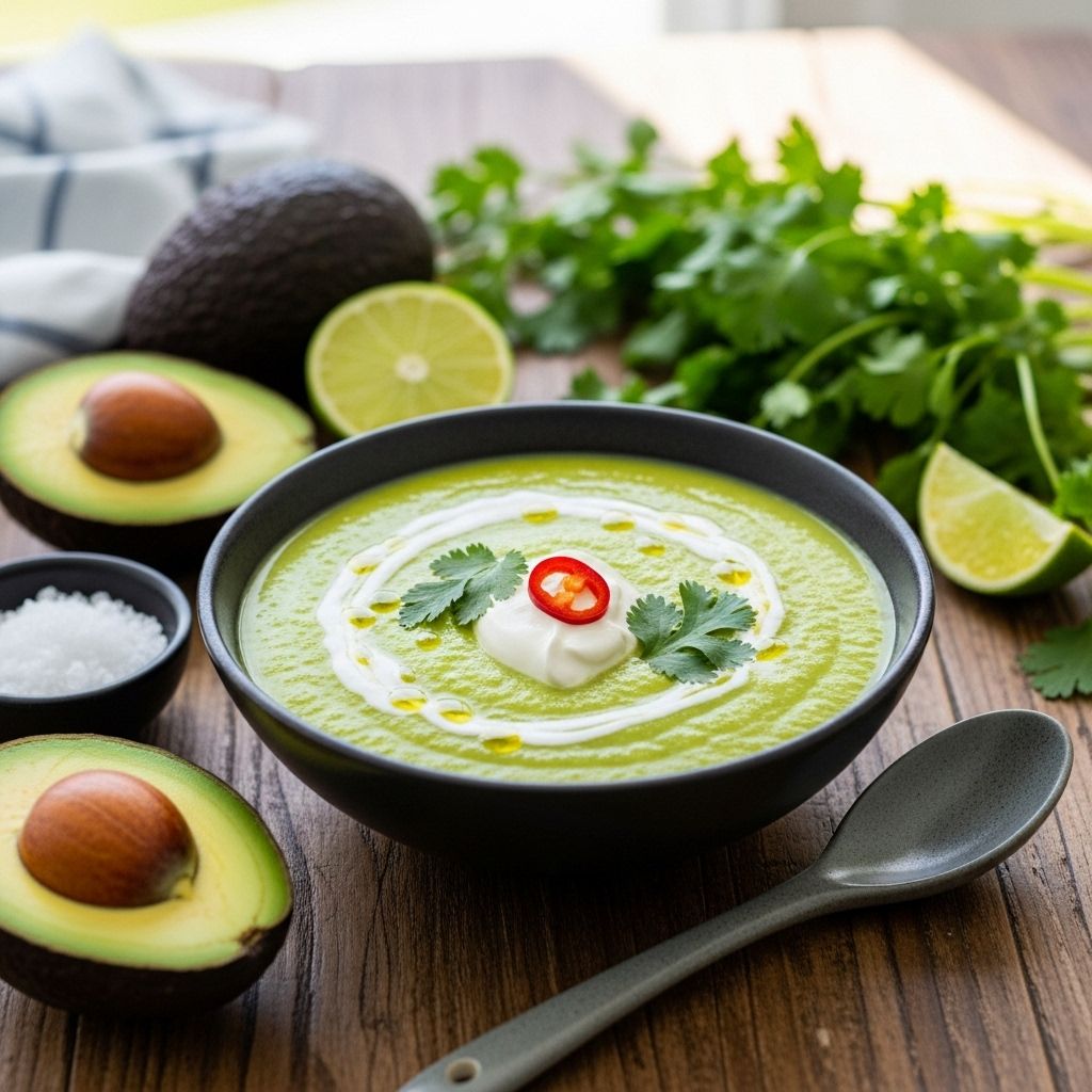 A silky fusion of avocado and cucumber that adds cool, creamy elegance to summer dining.