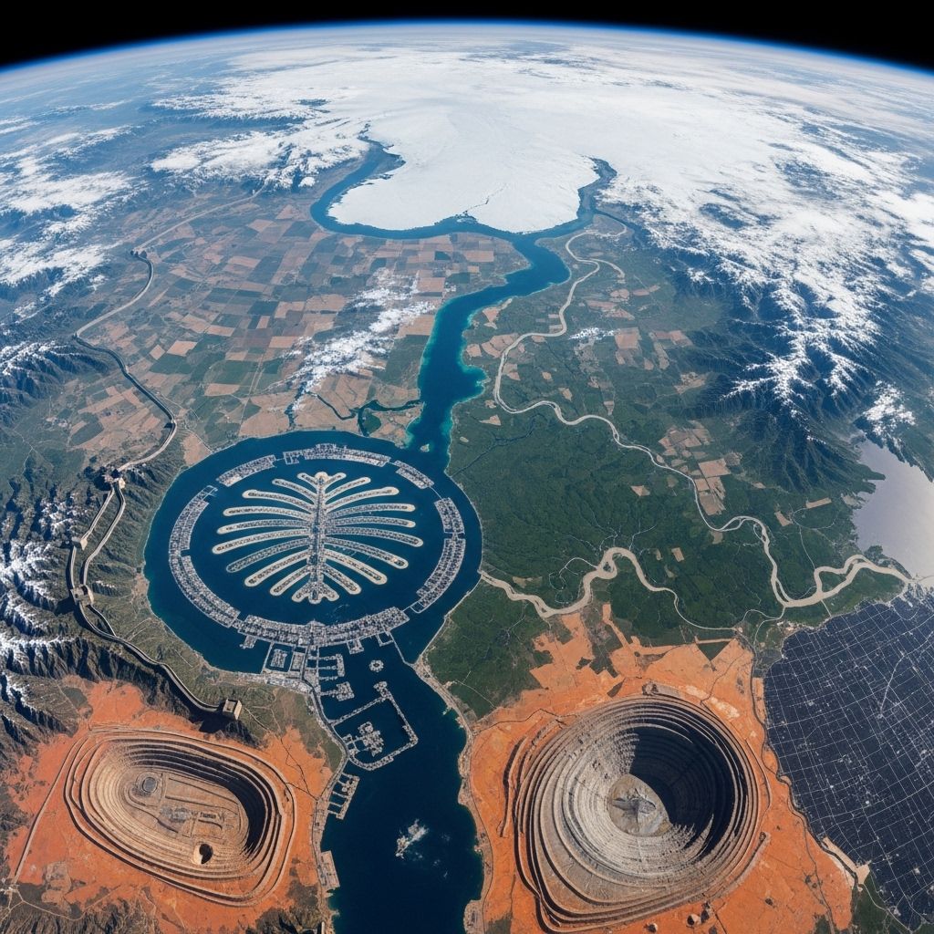 From mountain ranges to mega-dams, discover humanity’s and nature’s largest landmarks, each massive enough to be discernible from far above Earth.