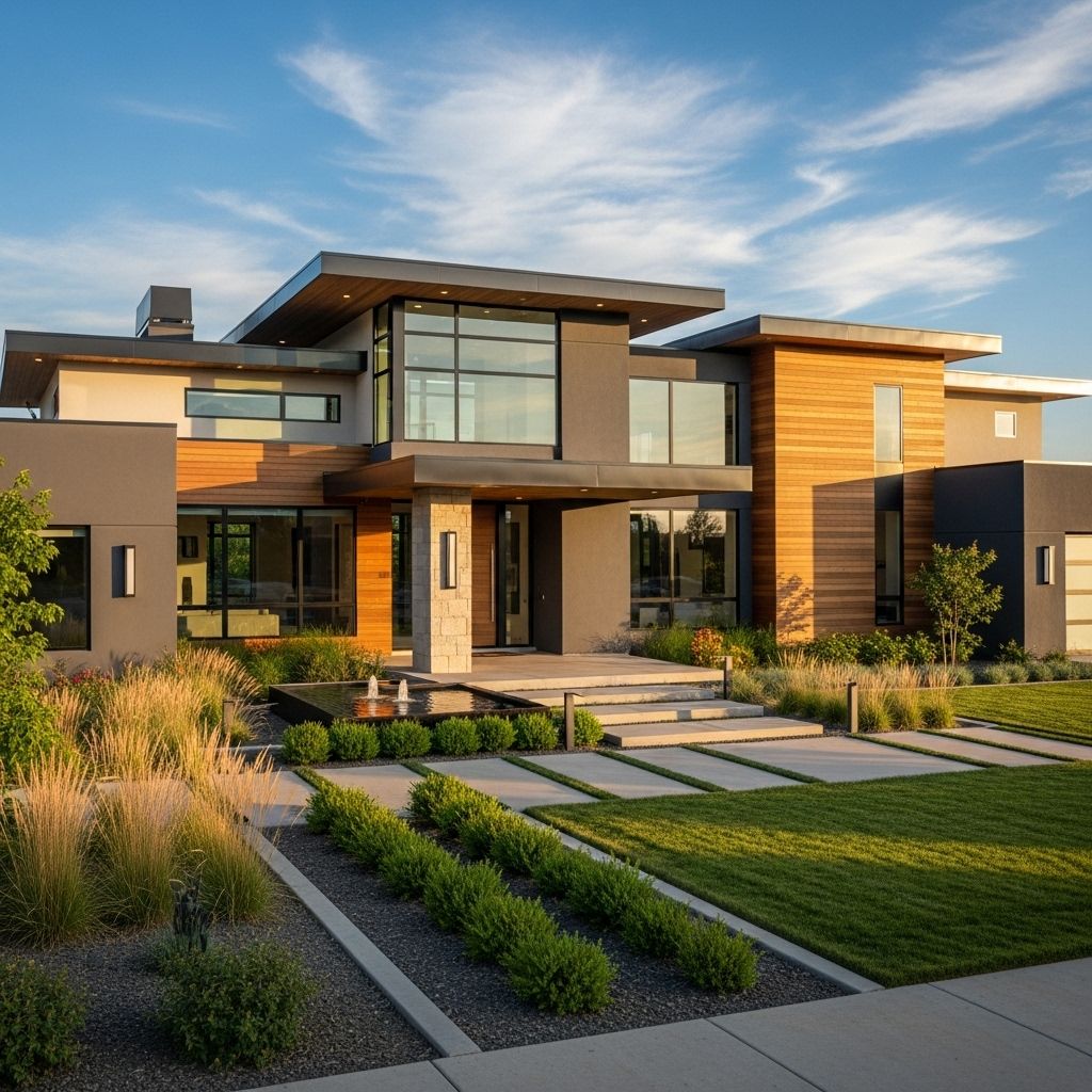 Clean lines and mixed materials create a striking first impression without visual clutter.