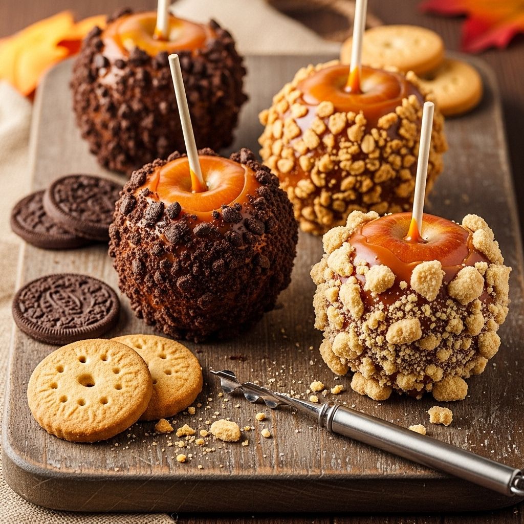 Enjoy a playful twist on classic autumn fruit with creamy drizzle and crunchy toppings.