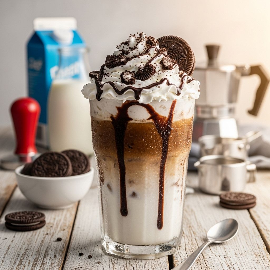 An indulgent coffee drink blending sweet vanilla with crunchy bits for a decadent sip.