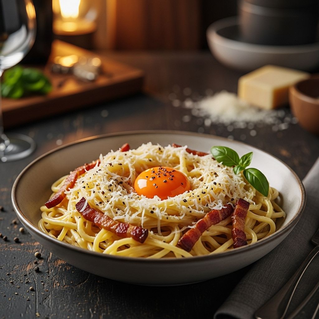 Perfectly balanced egg-cheese sauce, savory bacon, and silky texture elevate each bite.