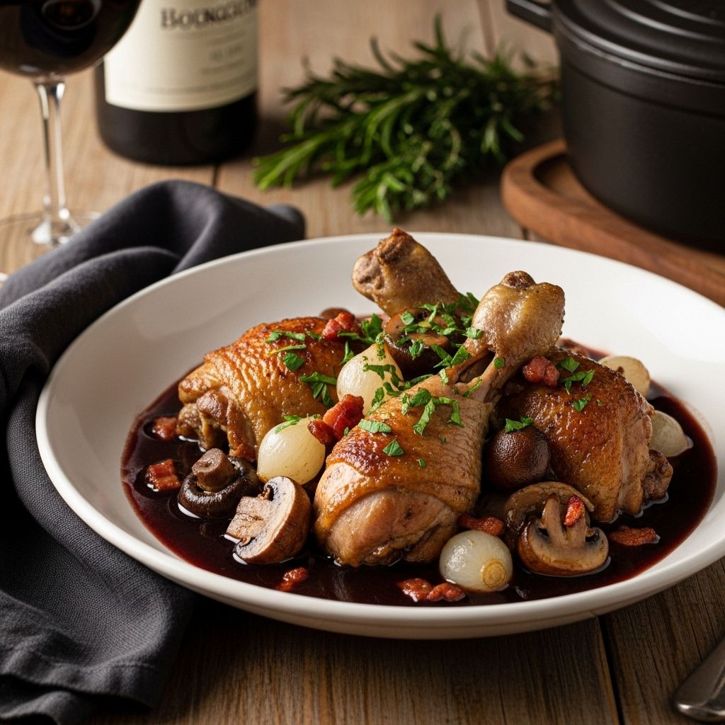 Coq au Vin: Mastering the French Braised Chicken in Red Wine Slow-braising techniques coax out deep flavor for tender chicken and a silky wine sauce.