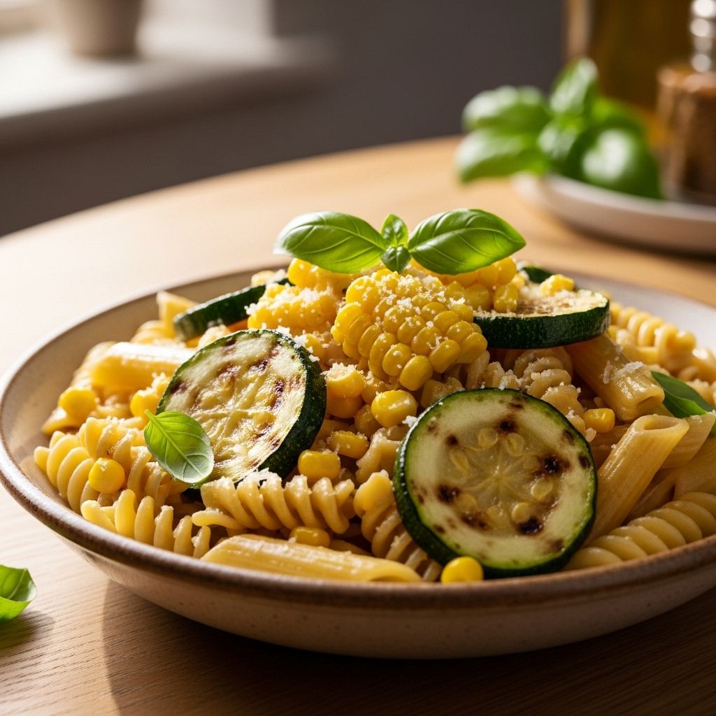 Sweet kernels and vibrant veggie ribbons unite in a silky sauce for effortless comfort.