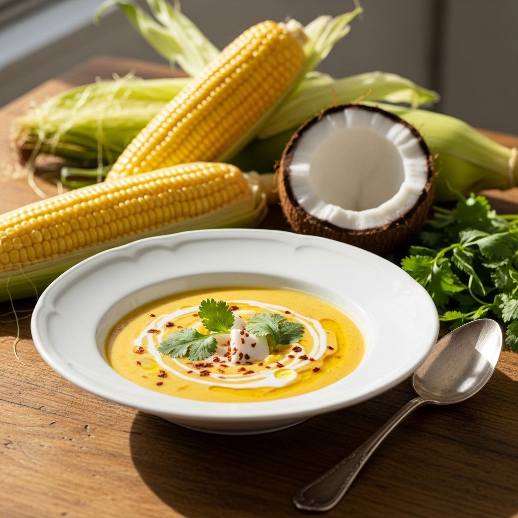 Discover how to create a creamy, comforting corn and coconut soup bursting with sweet summer flavors and vibrant toppings.