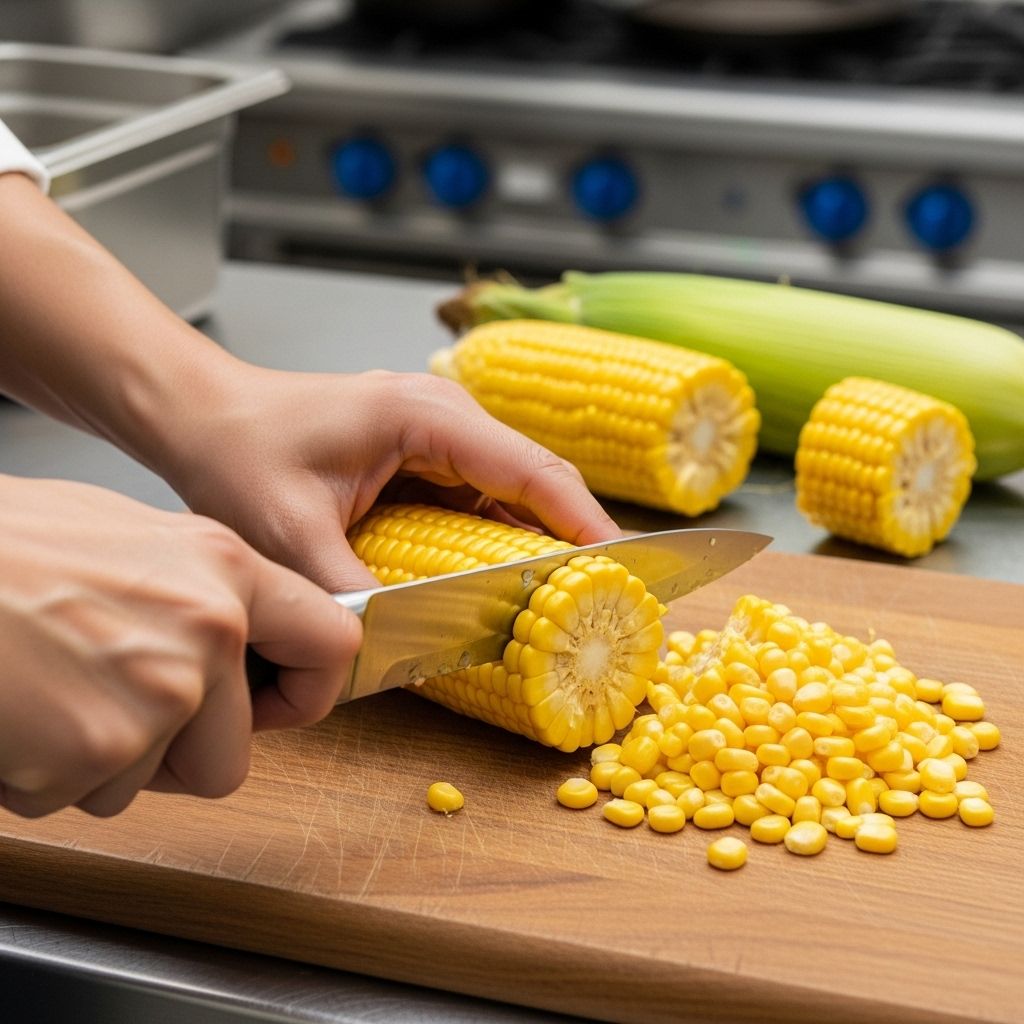 Efficient knife methods and cleanup tips prevent wasted kernels and messy prep areas.