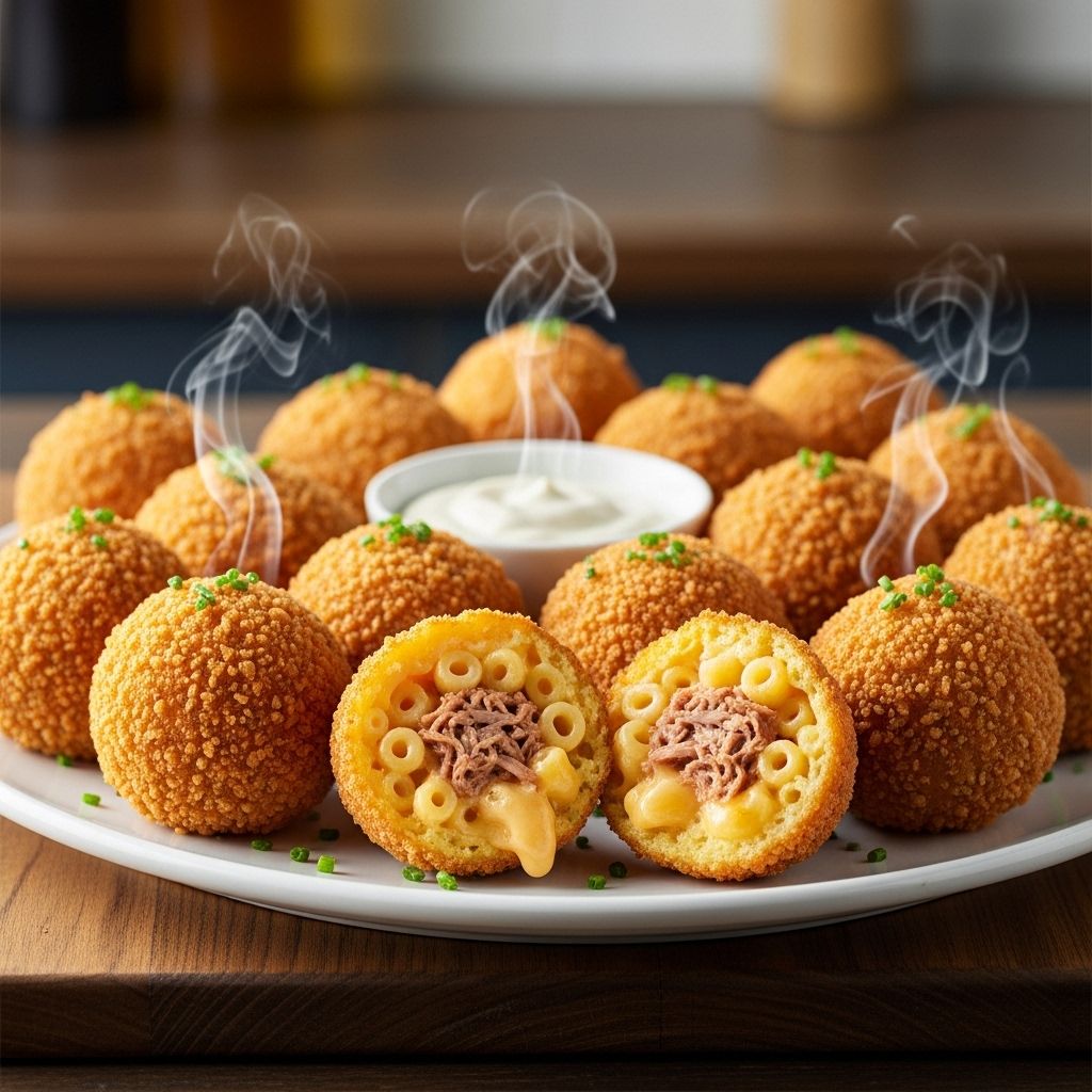 A crispy, golden snack that fuses creamy pasta and smoky meat for bold flavor.