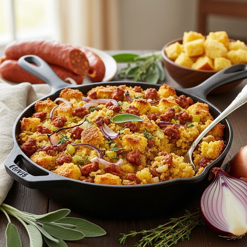 Deeply spiced chorizo melds with sweet cornbread and roasted peppers for bold flavor.