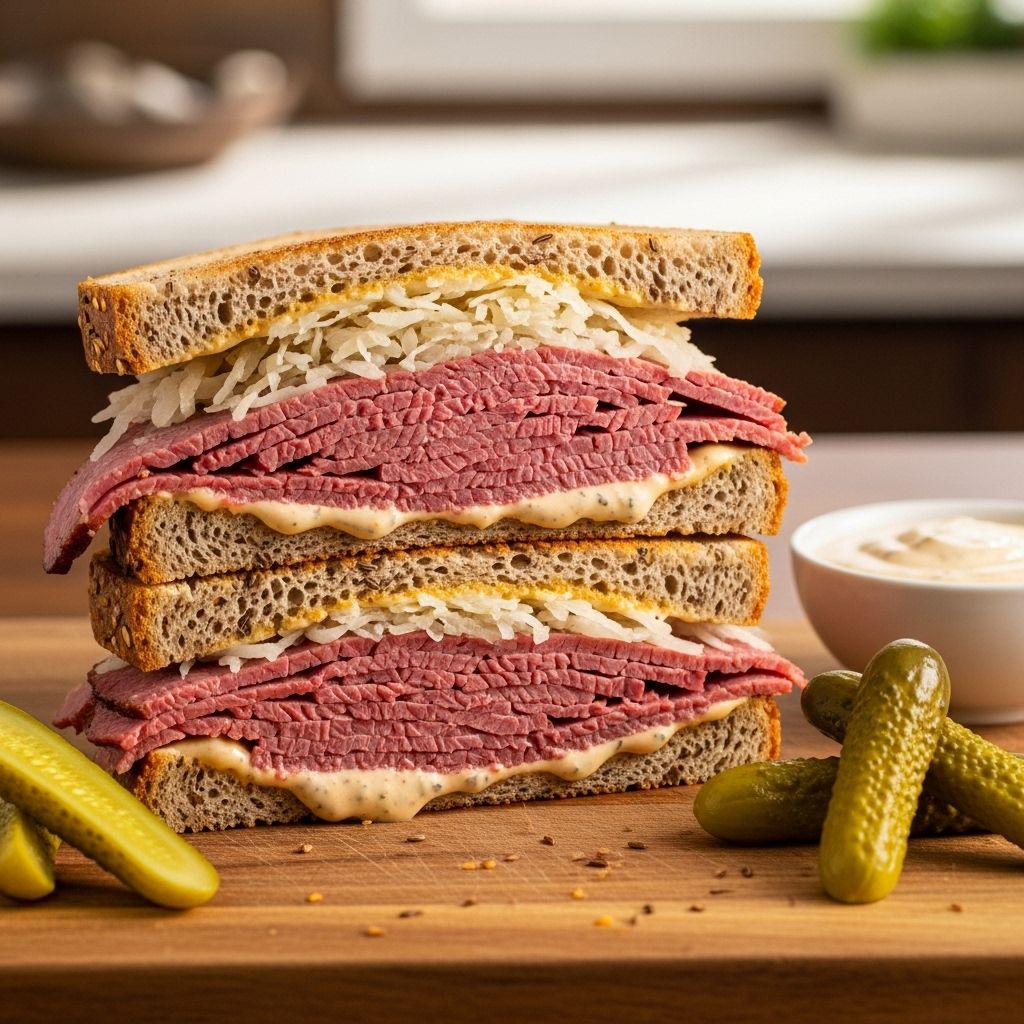 Zesty cabbage slaw and tender brisket on rye deliver a richly layered meal experience.