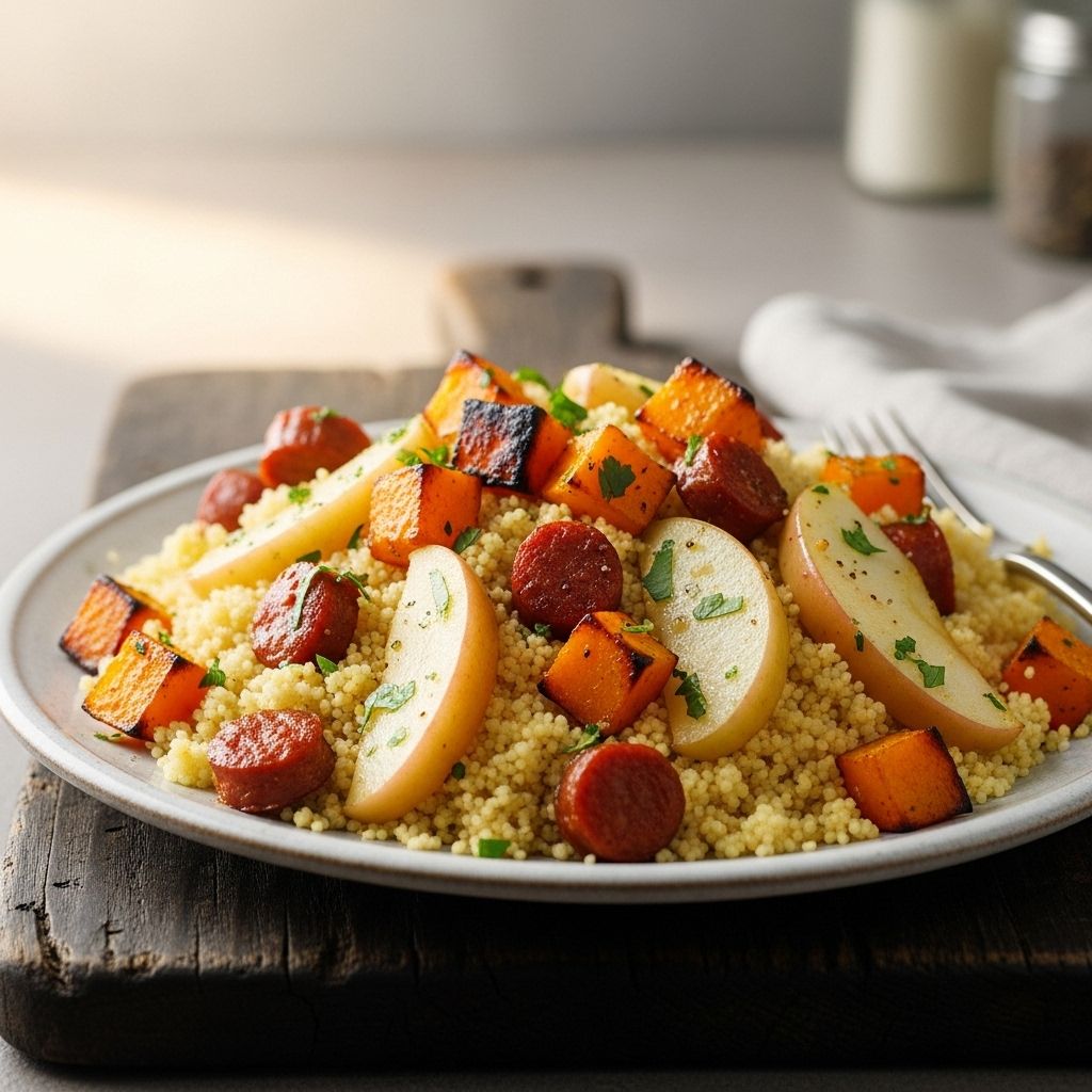 This hearty grain bowl blends seasonal veggies plus spicy sausage for a cozy dinner.