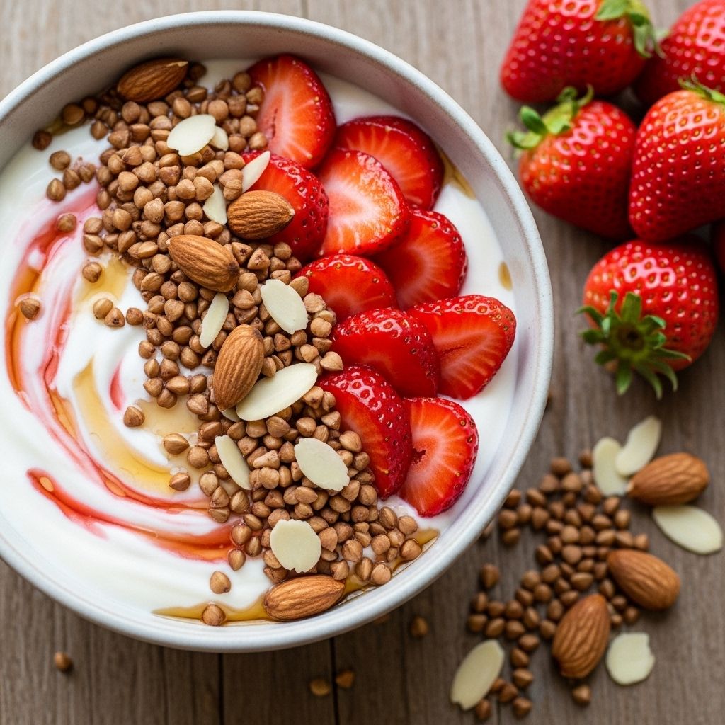 Discover how toasted almond-buckwheat groats and juicy strawberries transform yogurt into a nourishing and flavorful breakfast.