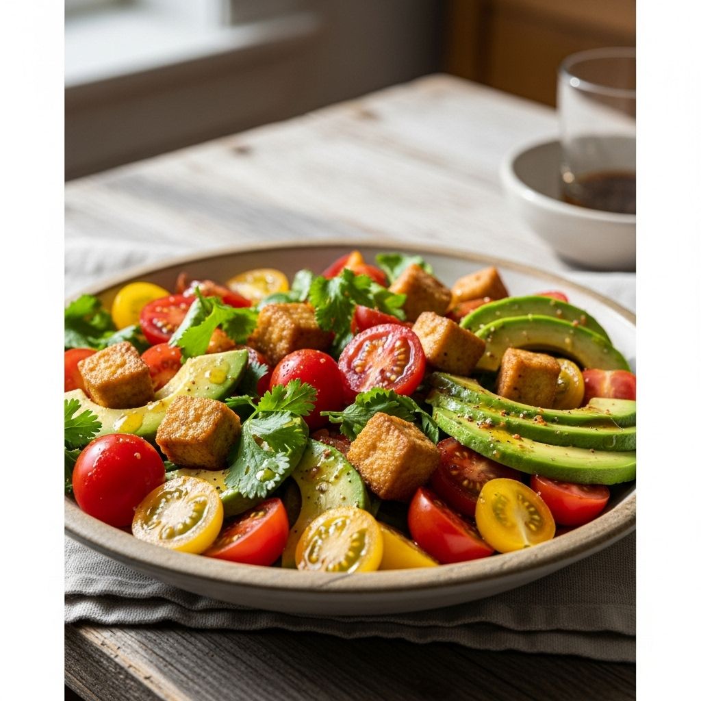 Discover a vibrant, nutrient-packed salad blending juicy tomatoes, creamy avocado, and irresistible crispy tofu with a zesty, herb-filled dressing.