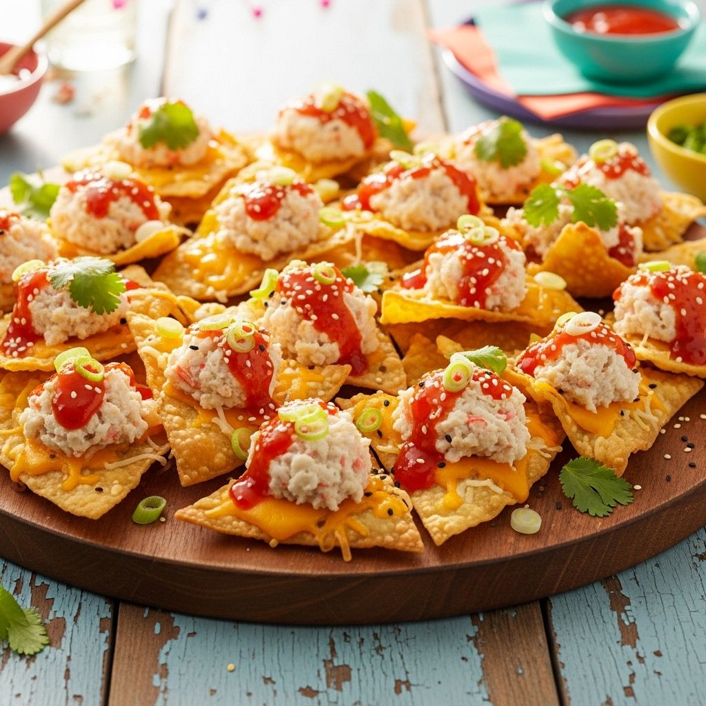 Crab Rangoon Nachos: The Ultimate Fusion Party Snack Crispy wonton chips, creamy crab sauce, and melted cheese unite in an irresistible snack.