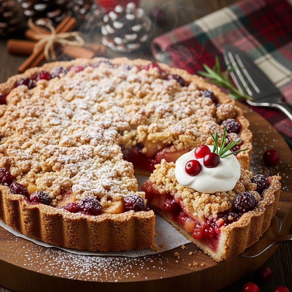 A festive dessert that blends tangy berries and warm spices under a crisp buttery topping.
