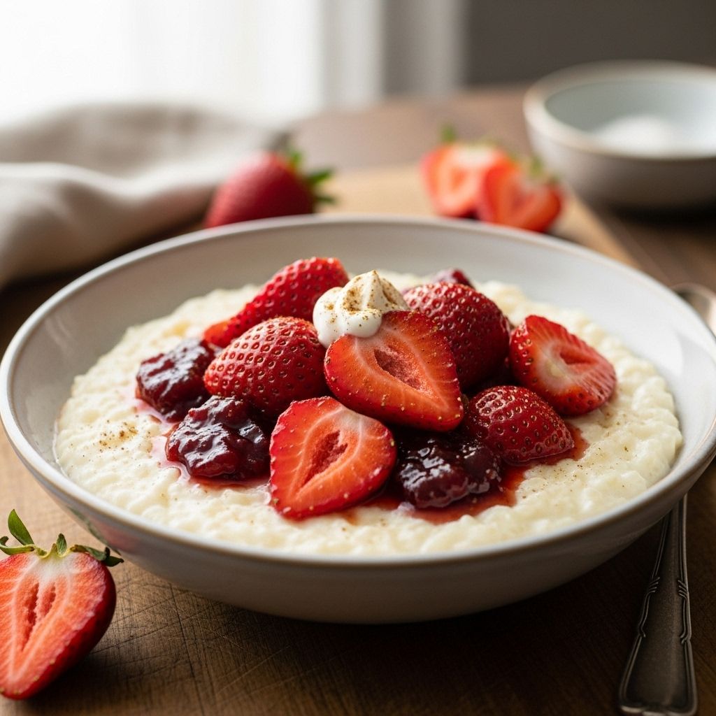 Creamy Rice Pudding with Roasted Strawberries: A Comforting Classic Discover a nostalgic, creamy rice pudding topped with roasted strawberries—an easy, naturally gluten-free dessert ideal for all seasons.