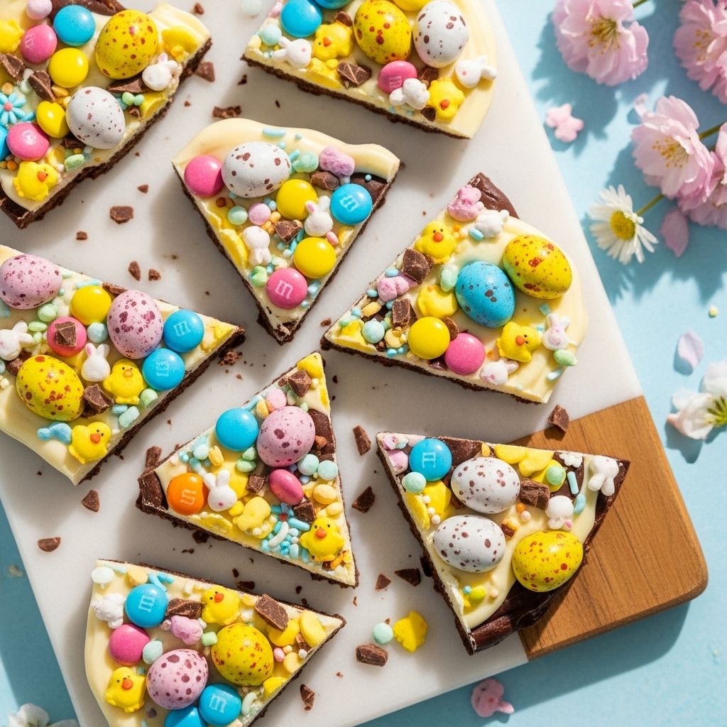 Pastel candies and melted chocolate combine in a quick snack that delights every guest.