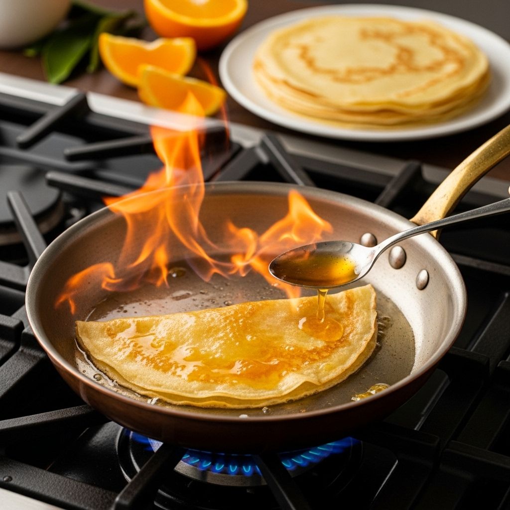 A touch of Parisian theater transforms simple crepes into a show-stopping dessert.