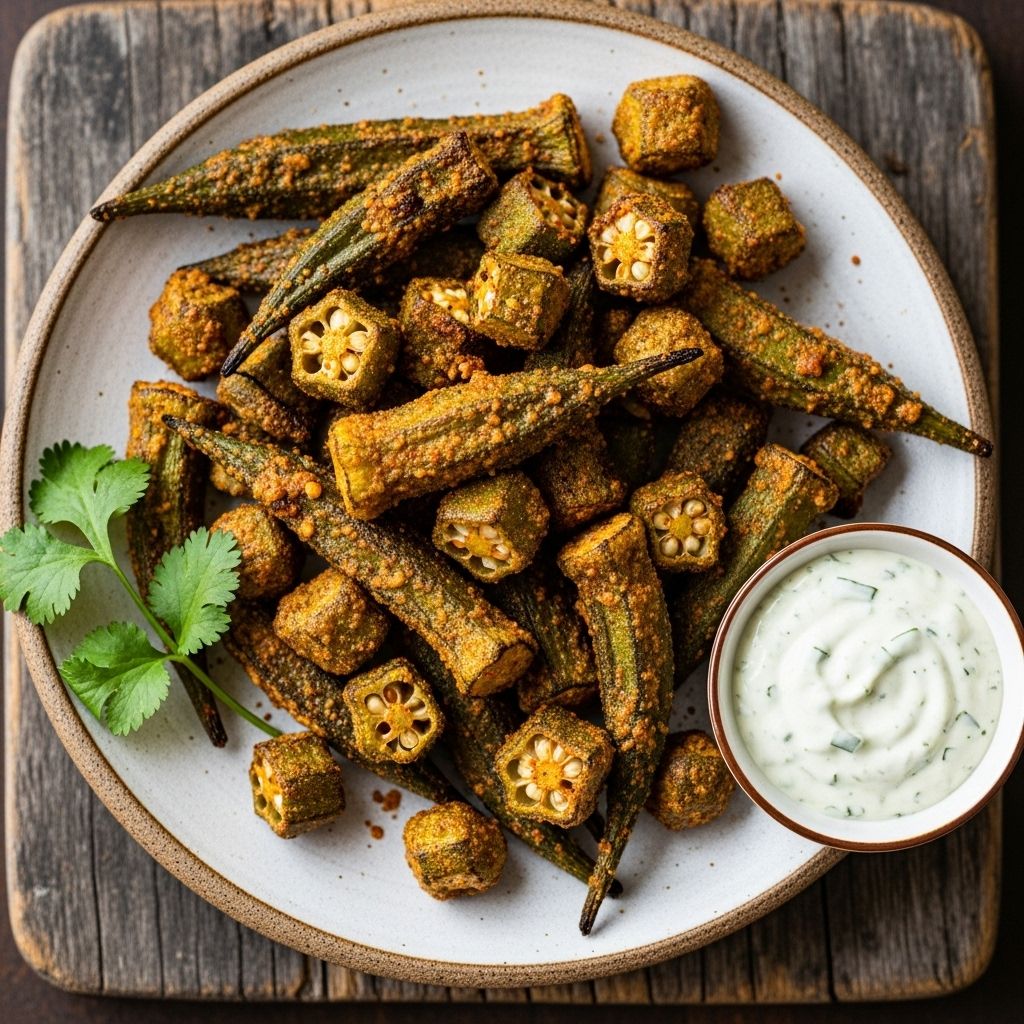 Simple breading and cooking spray elevate okra to golden perfection with a zesty sauce.