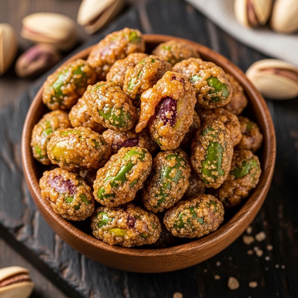 Precise syrup chemistry and roasting yield perfectly crisp, caramel-coated pistachios.