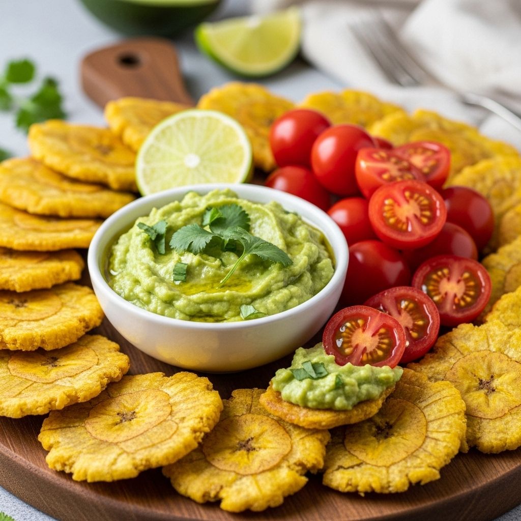 Crispy Vegan Patacones (Fried Green Plantains) with Fresh Guacamole and Tomatoes Double-frying creates golden discs that hold up to creamy spreads and fresh toppings.
