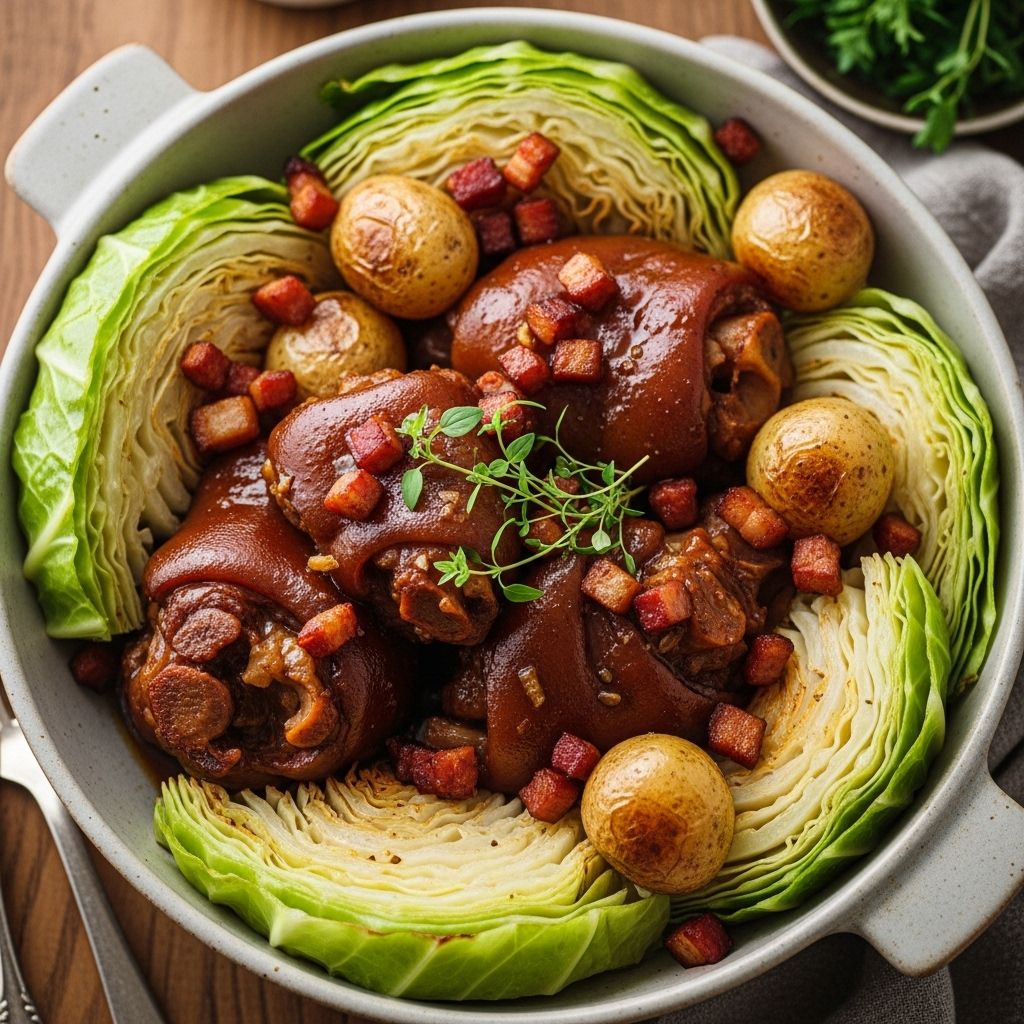 A rustic pork and greens dish blending hearty flavors with simple kitchen techniques.