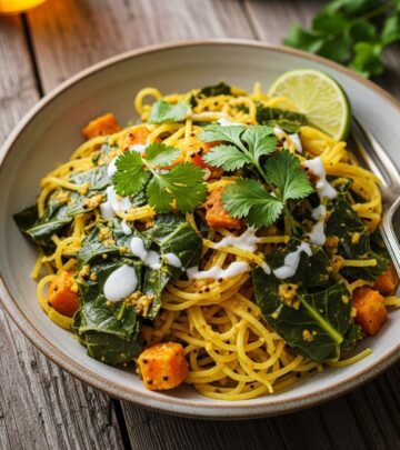 Curried Spaghetti Squash and Collards brings hearty flavor and nutrition together in one easy meal.