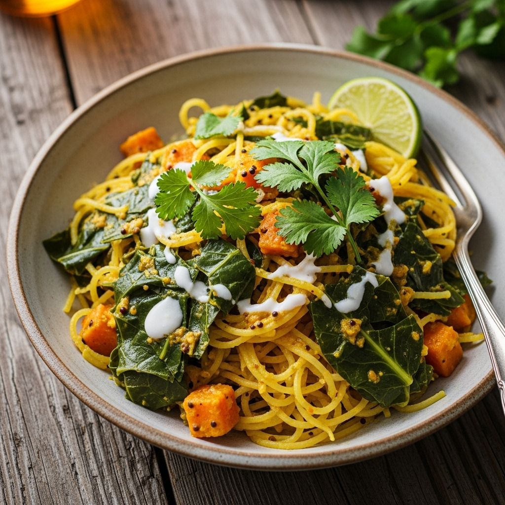 Curried Spaghetti Squash and Collards brings hearty flavor and nutrition together in one easy meal.