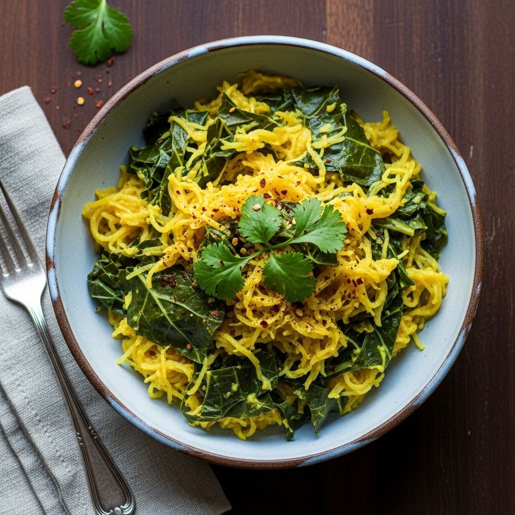 Experience the vibrant flavors of curried spaghetti squash and collard greens in a hearty, nutritious vegan meal that’s easy to prepare and perfect for any season.