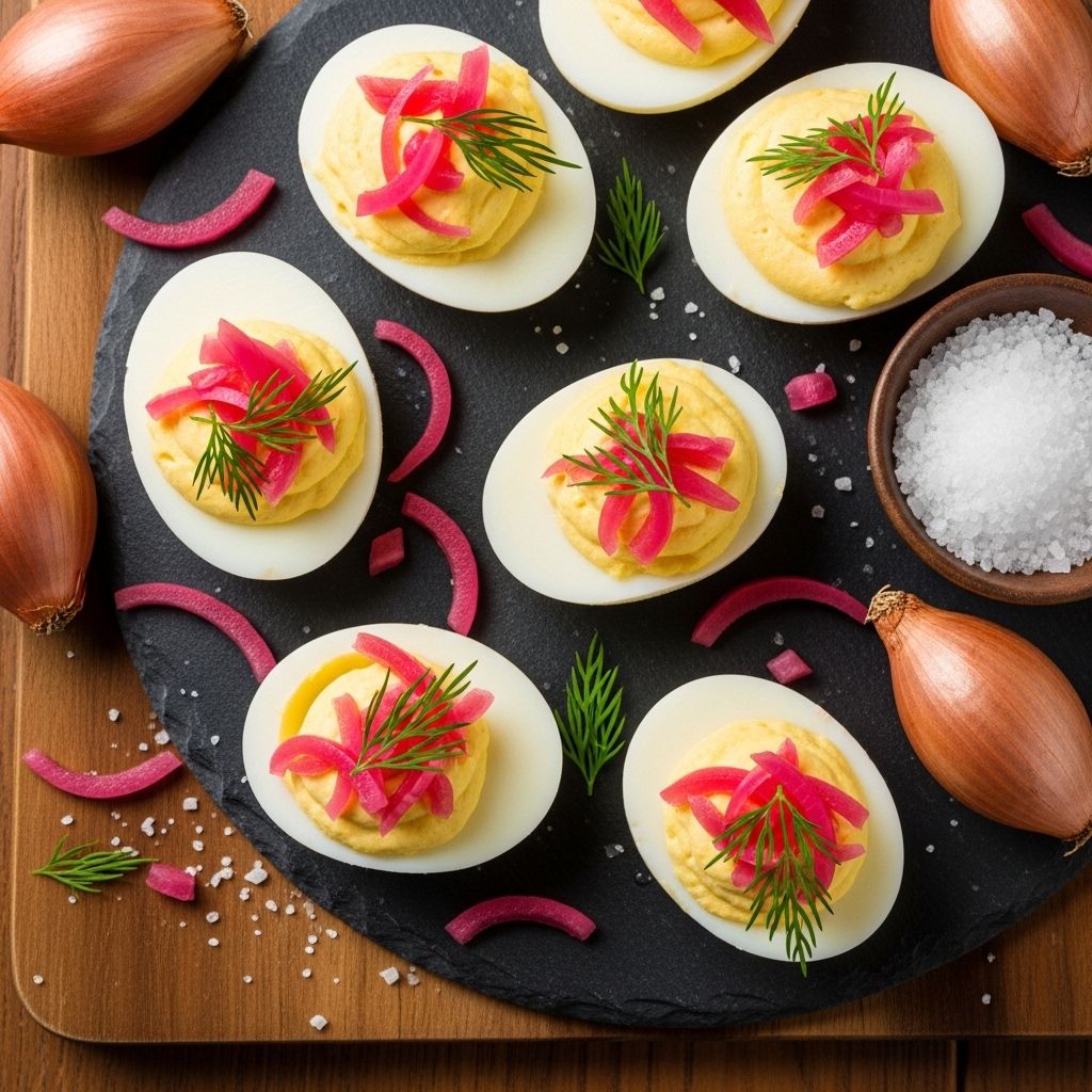 Discover a fresh twist on classic deviled eggs featuring quick-pickled shallots, Greek yogurt, and just the right kick from Dijon and Fresno chile.