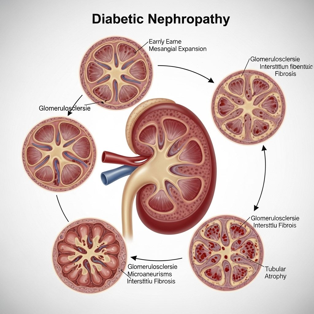 A comprehensive guide to the stages, symptoms, risk factors, and treatment options for diabetic nephropathy, the kidney complication of diabetes.