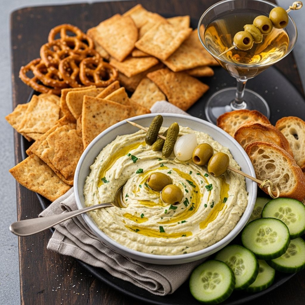 Dirty Martini Dip: The Cocktail-Inspired Appetizer Delight A creamy sensation that marries briny olives with tangy cheese for memorable snacking.