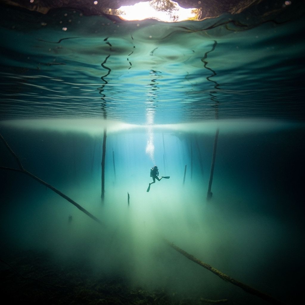 Diving Cenote Angelita: A Surreal Subterranean Wonder Journey beneath the Yucatan jungle and discover a world where rivers flow underwater, clouds form in liquid, and the Earth's mysteries await divers.