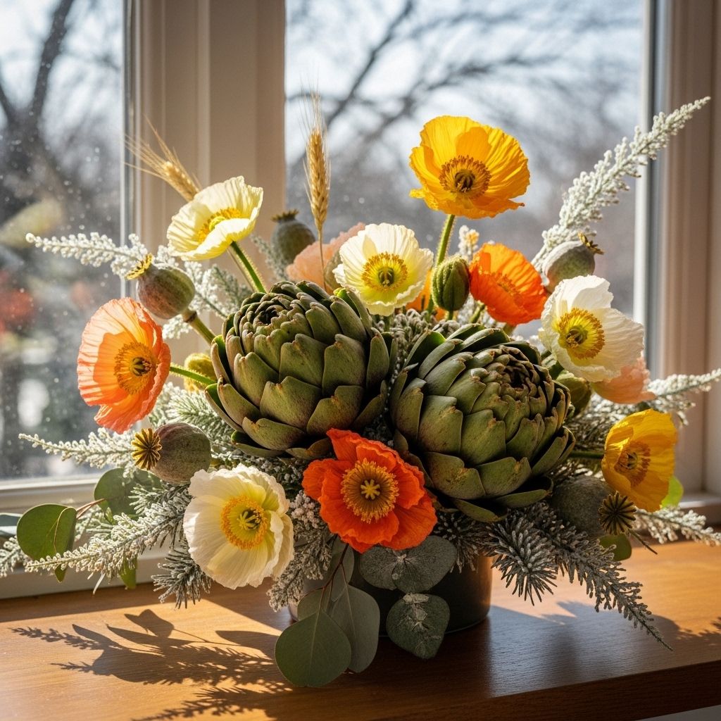 Winter Sunshine: Creating a DIY Artichoke and Poppy Floral Arrangement Transform dull interiors with sculptural greens and vivid blooms for a bright centerpiece.