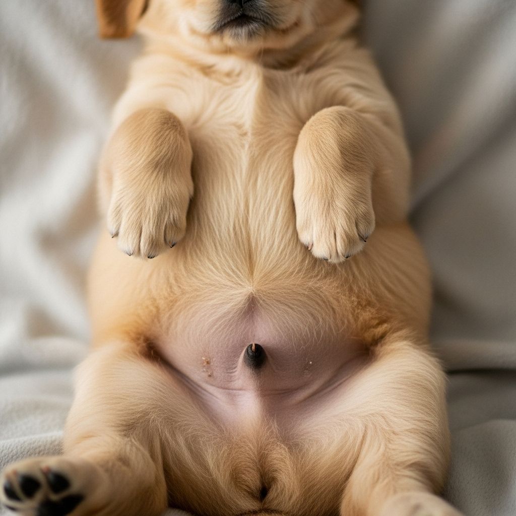 A faint midline mark on your pup’s tummy is the only trace of its earliest nourishment.