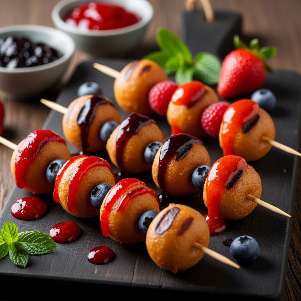 Bite-size skewers that mix sweet rounds and colorful dips bring fun to the table.