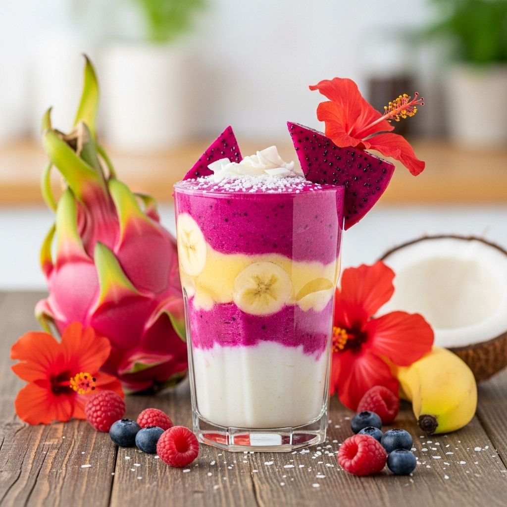 A vibrant, nutrient-packed smoothie featuring dragon fruit, hibiscus tea, banana, and coconut for a tropical health boost.