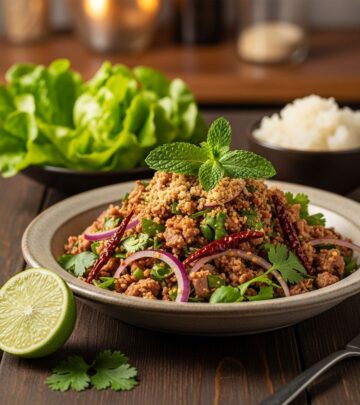 Aromatic herbs, tangy lime, and crispy duck skin unite for a vibrant twist on larb.