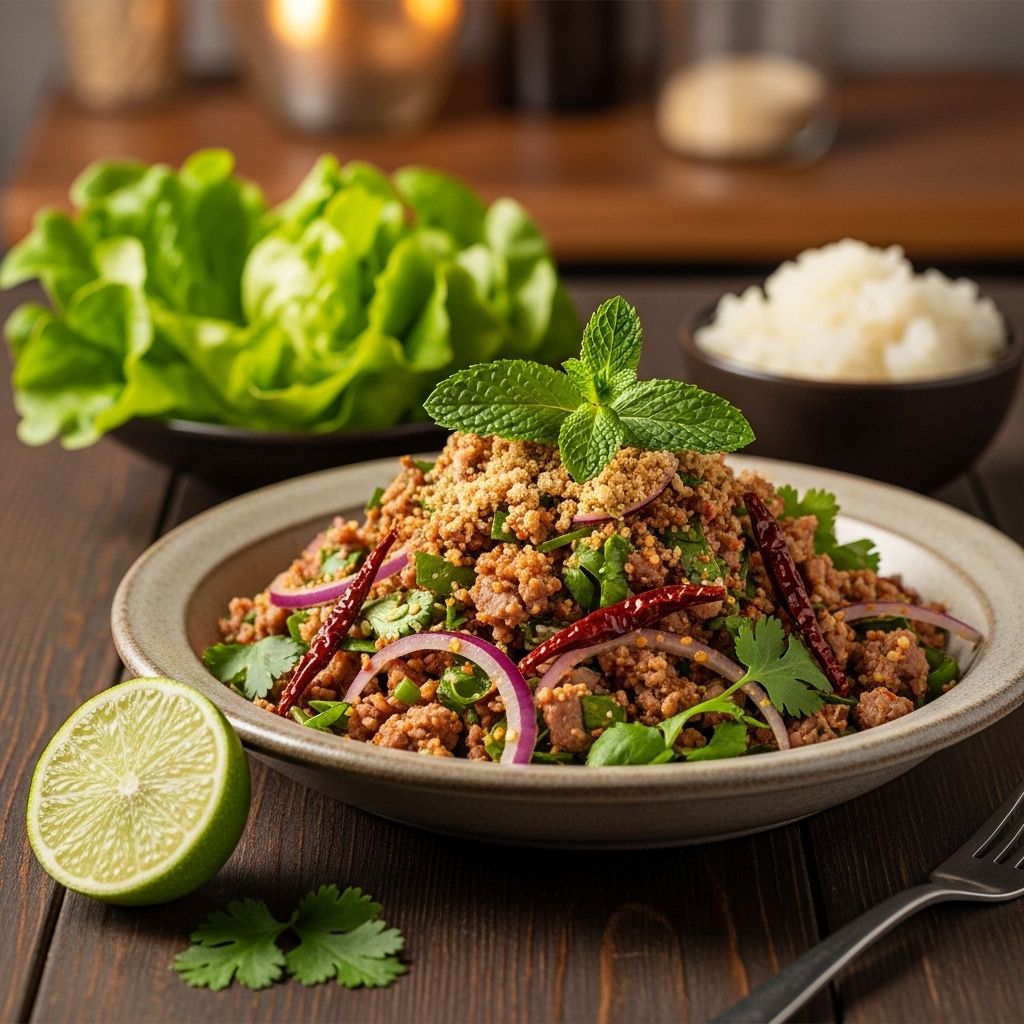 Aromatic herbs, tangy lime, and crispy duck skin unite for a vibrant twist on larb.