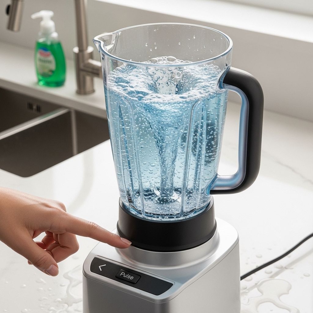 This soap-and-water spin lifts grime so you can skip scrubbing the mixing jar.