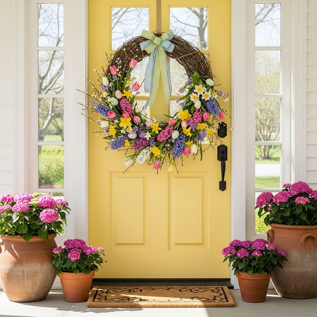 Bring seasonal cheer to your doorstep with playful motifs and vibrant floral arrangements.