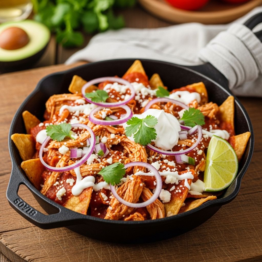 A fast one-pan brunch blending crisp tortillas with tangy salsa verde and creamy toppings.