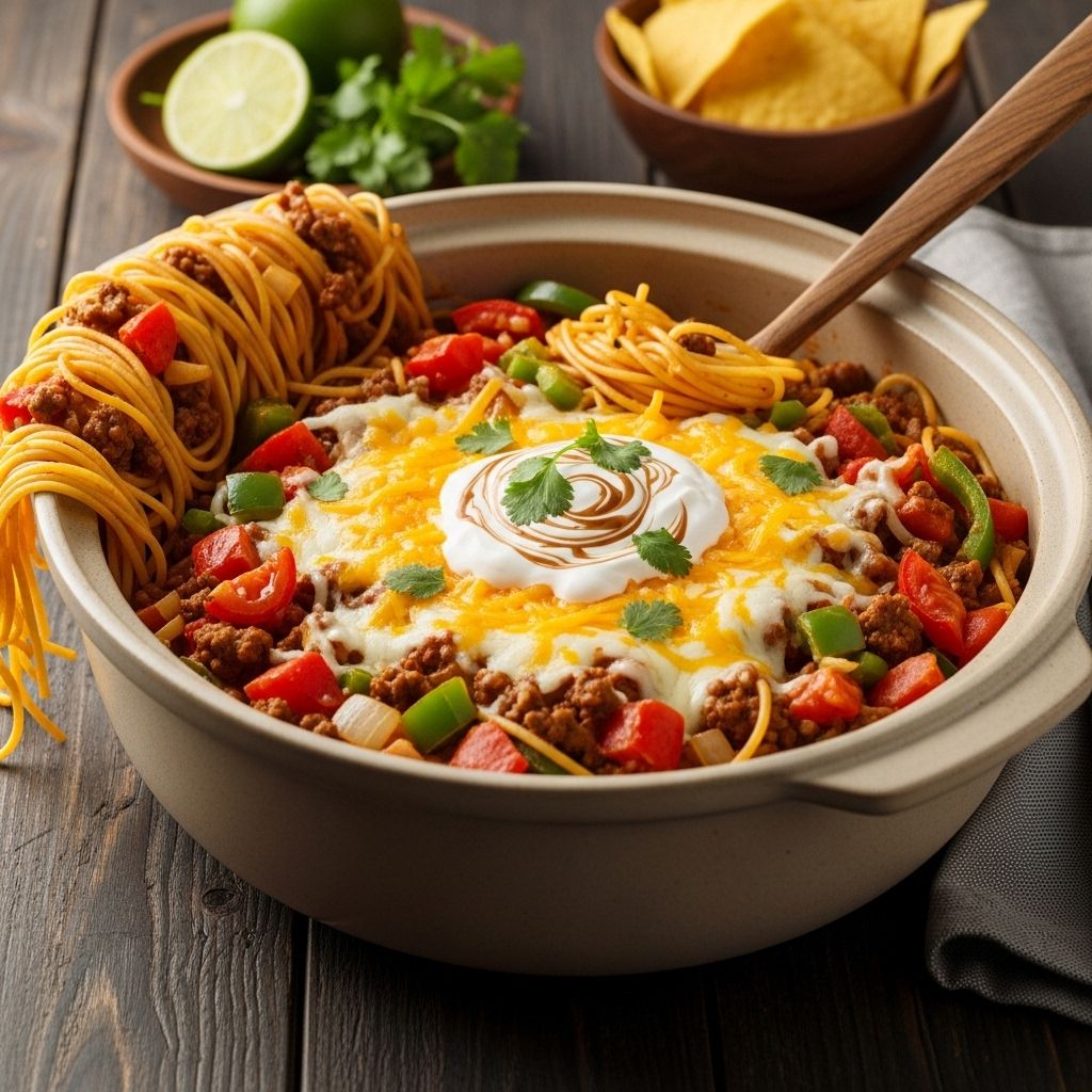 A cheesy Tex-Mex pasta fusion that turns pantry staples into a vibrant meal.
