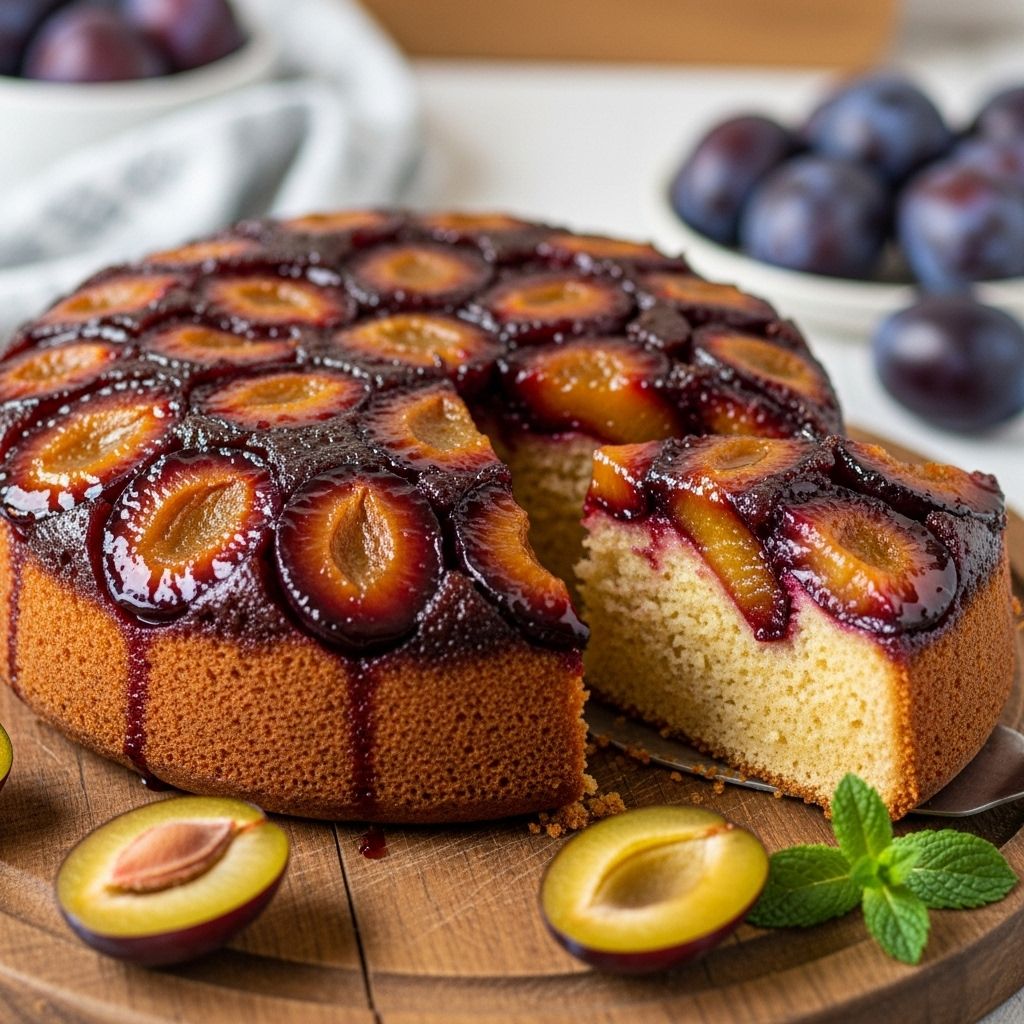 Bake a vibrant, healthier dessert with this easy upside-down plum cake, featuring Greek yogurt, cornmeal, and fresh stone fruit.