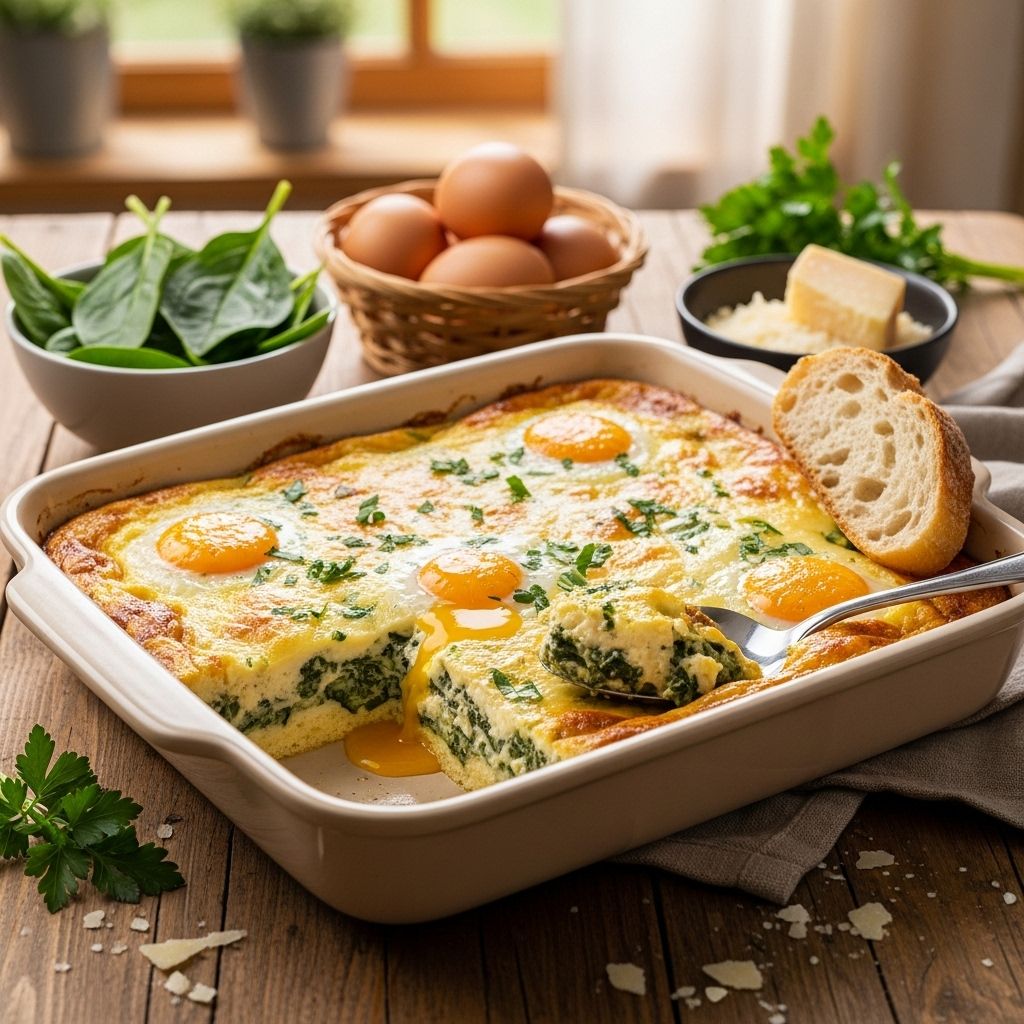 Spinach, melted cheese, and golden potatoes unite for a cozy one-dish morning meal.
