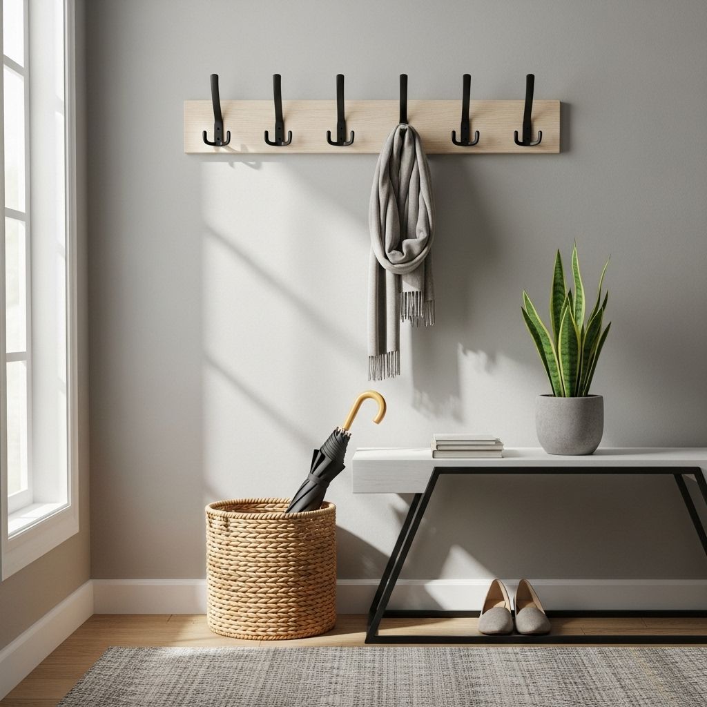 Simple wall fixtures create a welcoming entrance by keeping daily essentials off the floor.