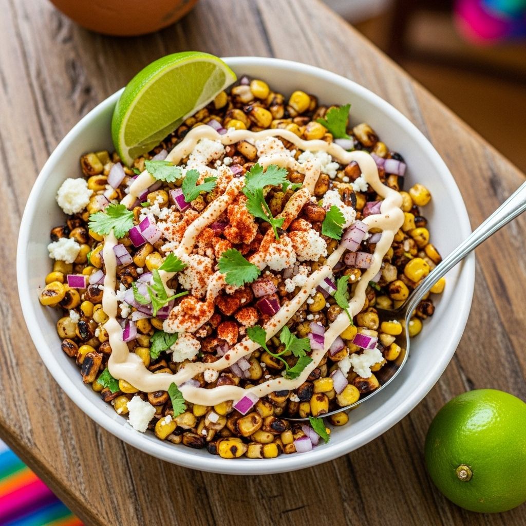 A vibrant side dish blending charred kernels with creamy lime and spicy undertones.