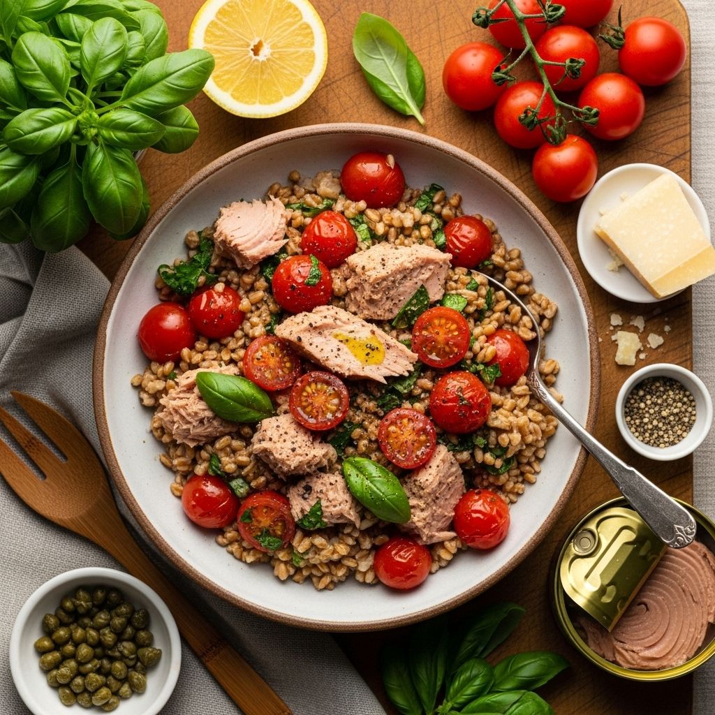 Nutty grains combine with pantry staples for a nourishing, pescatarian-friendly dinner.