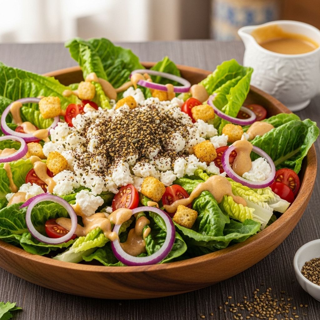 Feta-infused dressing and za’atar croutons transform greens with fresh herb crunch.