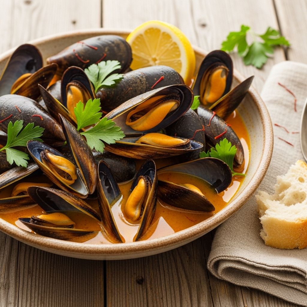 Golden threads of flavor and briny shellfish unite in a lush, wine-kissed broth.